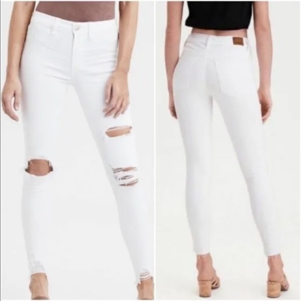 American Eagle Aeo High Rise Next Level Stretch White Distressed Jeans
